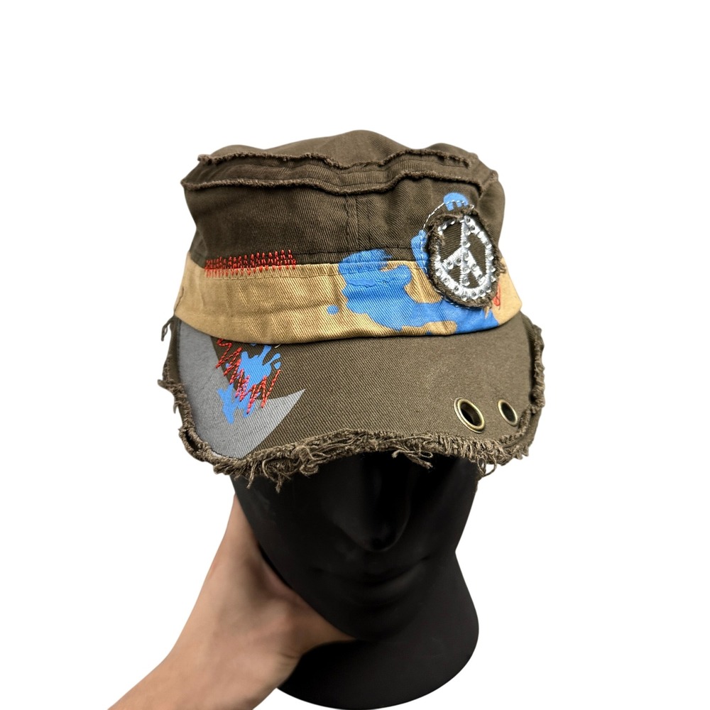 Cadet Hat Unisex OSFM Olive Green Distressed Peace Sign Patch Grommet